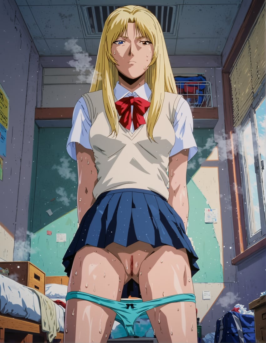 ai_generated blonde_hair blue_eyes breasts brown_eyes censored censored_pussy female female_focus female_only great_teacher_onizuka green_panties kanzaki_urumi long_hair panties panties_down pussy school_uniform skirt sweaty thighs