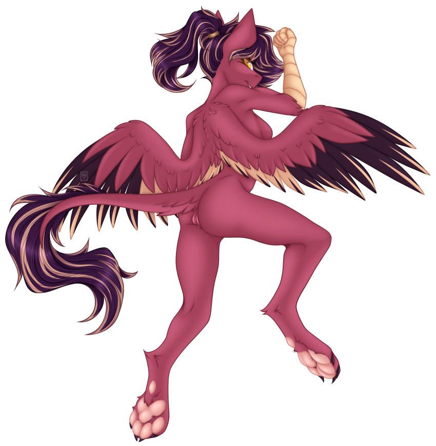 absurd_res alpha_channel anthro breasts ears_up feathers female fur genitals hair hasbro hi_res hybrid looking_back my_little_pony ouijaa_(artist) pawpads ponytail pussy rear_view red_body red_feathers red_fur side_boob solo spread_wings wings