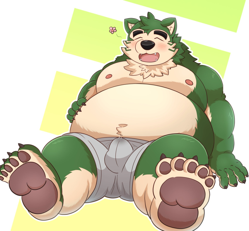 anthro belly big_nose blush bodily_fluids bulge canid canine canis clothed clothing domestic_dog erection erection_under_clothing eyebrows fur genital_fluids green_body green_fur hi_res lifewonders live-a-hero male male_focus male_only mammal mokdai navel nipples nisikemo overweight pawpads paws precum precum_through_clothing solo solo_male tenting thick_eyebrows underwear video_games wet wet_clothing