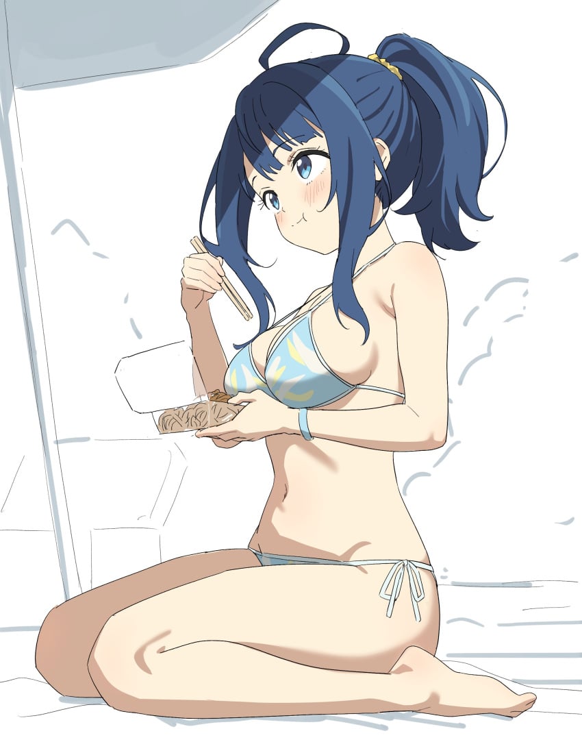 ahoge ass_visible_through_thighs bare_arms bare_belly bare_legs bare_shoulders bare_thighs barefoot beach belly_button big_breasts bikini blue_bikini blue_eyes blue_hair blush bracelet breasts chopsticks closed_mouth eating feet make_heroine_ga_oo_sugiru! noodles outdoors ponytail side-tie_bikini_bottom sideboob sincos sitting smile thighs toes yanami_anna