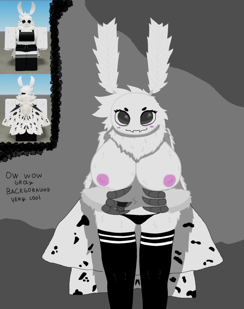 1female 1girls anthro big_breasts big_eyes breasts breasts_out claws female fluffy grey_eyes insects messy_hair moth murmurkus panties pink_nipples reference_image roblox roblox_avatar robloxian self_upload short_hair simple_background standing staring_at_viewer tagme thighhighs white_fur wings