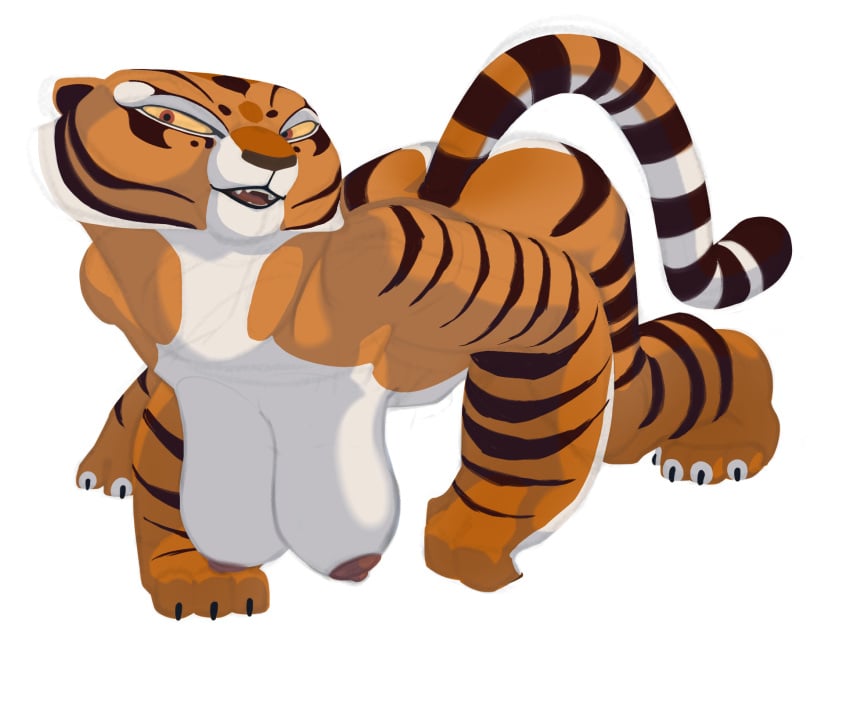 all_fours anthro areola ass big_breasts breasts brown_areola brown_nipples digital_media_(artwork) doomrior dreamworks felid feline female hanging_breasts hi_res kung_fu_panda mammal master_tigress nipples nude pantherine presenting presenting_breasts simple_background solo striped_body stripes tiger