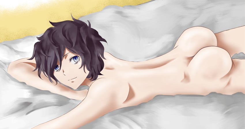 1boy artist_request ass_focus atlus bed black_hair blue_eyes butt devil_survivor devil_survivor_2 looking_at_viewer male male_only megami_tensei naked nude nudity on_bed protagonist_(devil_survivor_2) short_hair solo solo_focus solo_male