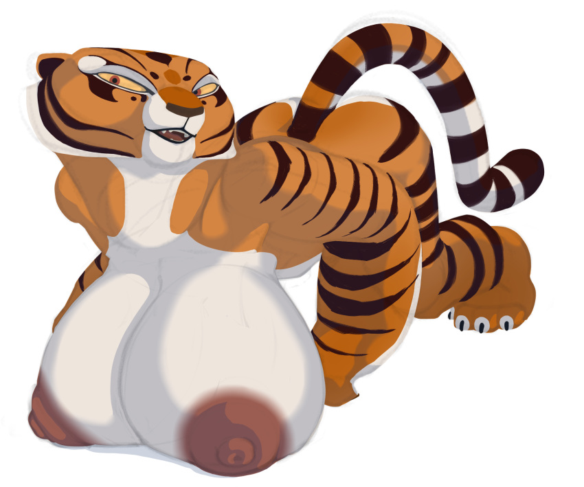 all_fours anthro ass big_breasts big_nipples breast_rest breasts digital_media_(artwork) doomrior dreamworks felid feline female hanging_breasts hi_res huge_breasts kung_fu_panda mammal master_tigress nipples nude pantherine presenting presenting_breasts simple_background solo striped_body stripes tiger