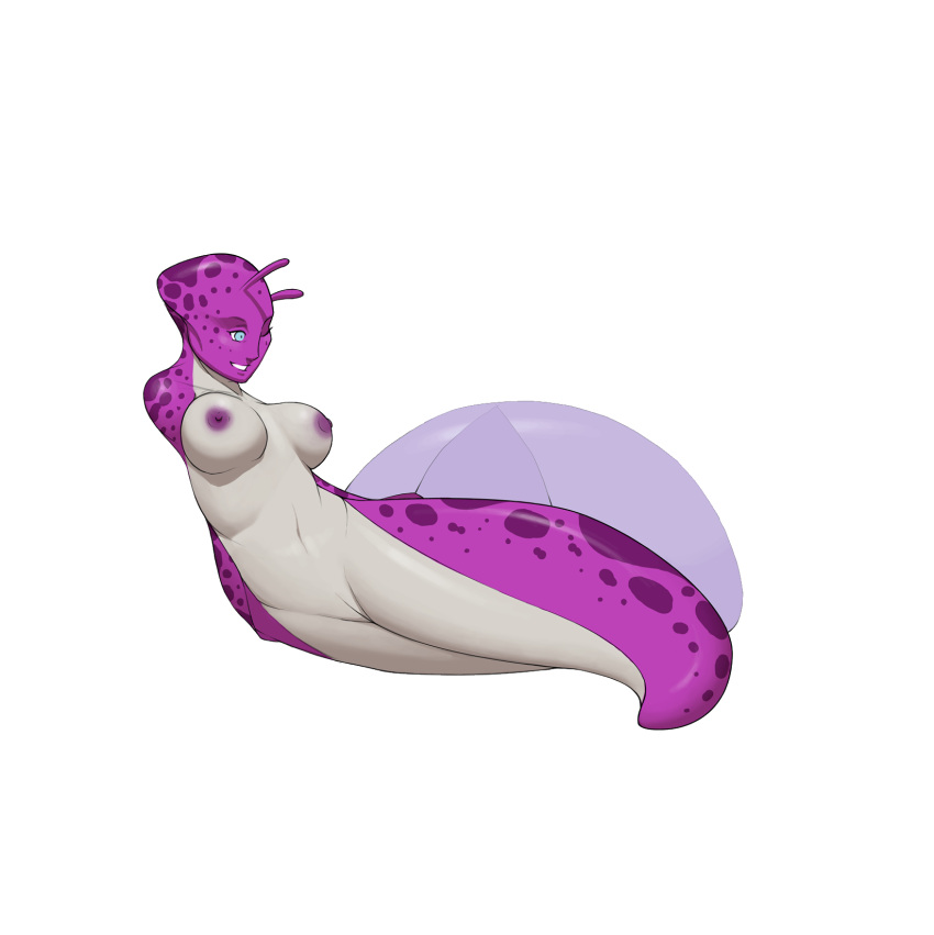 alpha_channel antennae_(anatomy) armless blue_eyes breasts bubble female gastropod genitals glistening grin hairless hi_res humanoid humanoid_face mollusk monstrous_humanoid navel nipples one_eye_closed purple_nipples pussy simple_background slug smile solo taus transparent_background wink