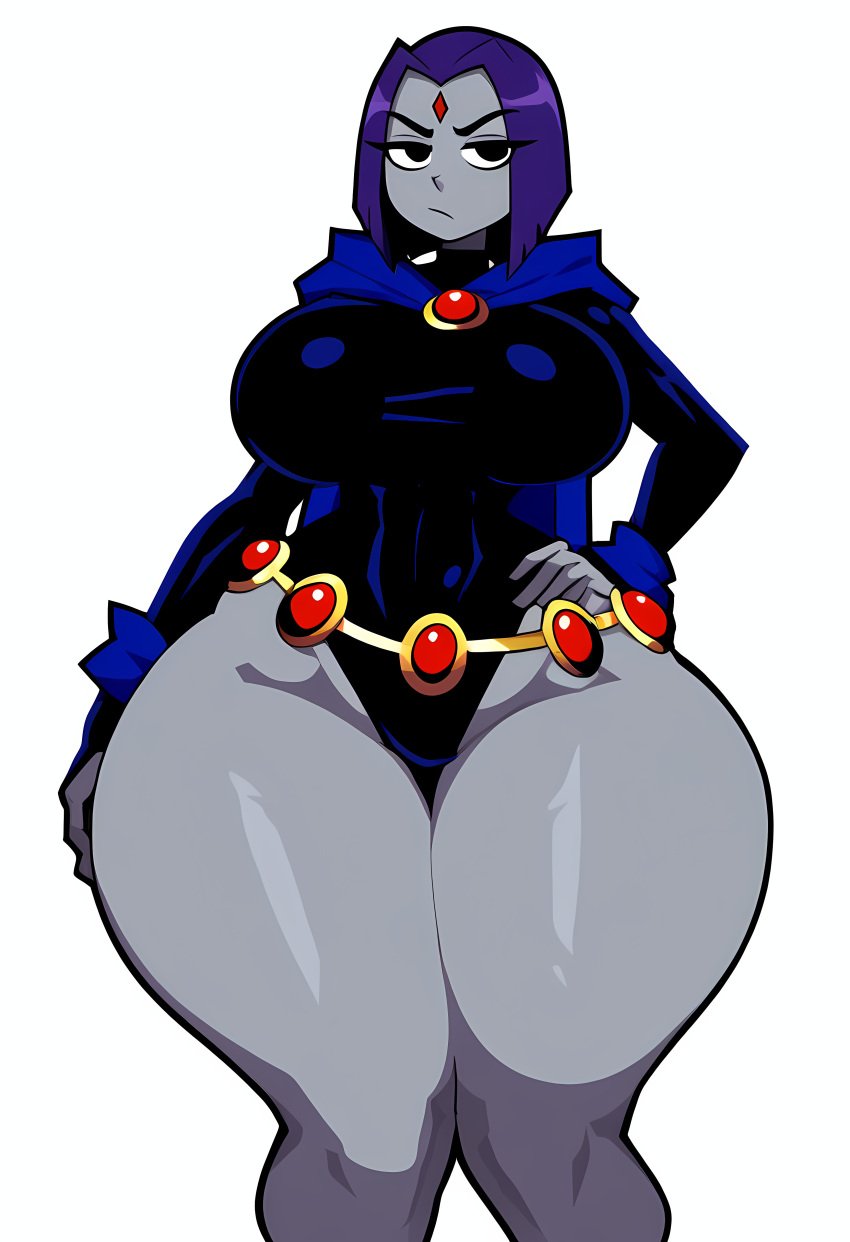 ai_generated big_ass big_breasts dc emo gem gigantic_hips grey_skin hand_on_hip large_breasts large_hips lubbasdump neutral_expression purple_hair rachel_roth raven_(dc) teen_titans wide_hips