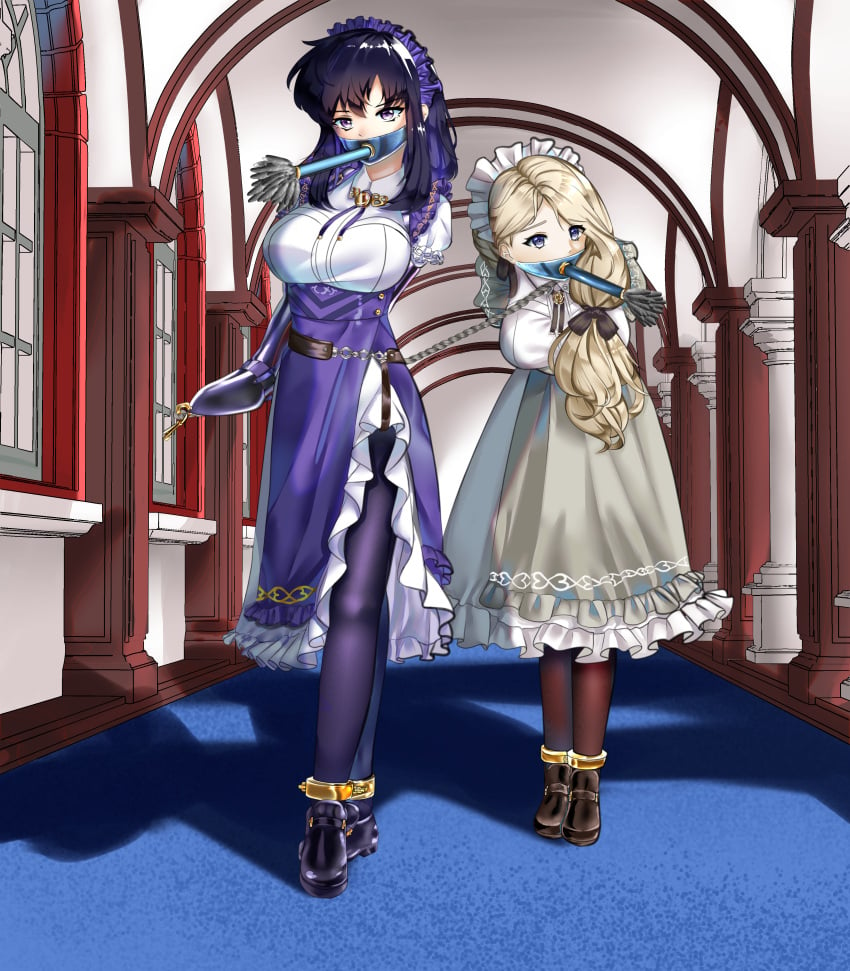 2girls alternate_costume armbinder ayra_(fire_emblem) ayra_(tea_party)_(fire_emblem) bent_over black_hair blue_eyes bondage breasts cleaning collar duster duster_gag female female_only fire_emblem fire_emblem:_genealogy_of_the_holy_war fire_emblem:_three_houses fire_emblem_heroes forced full_body gag hair_over_shoulder indoors iree key large_breasts leash linked_collar long_hair medium_hair mercedes_von_martritz mercedes_von_martritz_(tea_party) mouth_hold multiple_girls nintendo official_alternate_costume purple_hair side_ponytail side_slit standing window