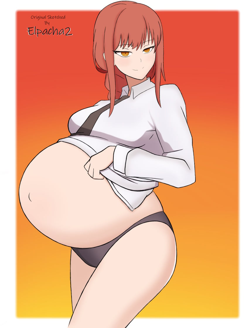 1girls bedroom_eyes black_panties blush braided_ponytail breasts chainsaw_man color_edit edit elpacha2 female large_breasts makima_(chainsaw_man) orange_eyes panties popped_navel pregnant ready_to_pop red_hair thick_thighs wickedatlas wide_hips