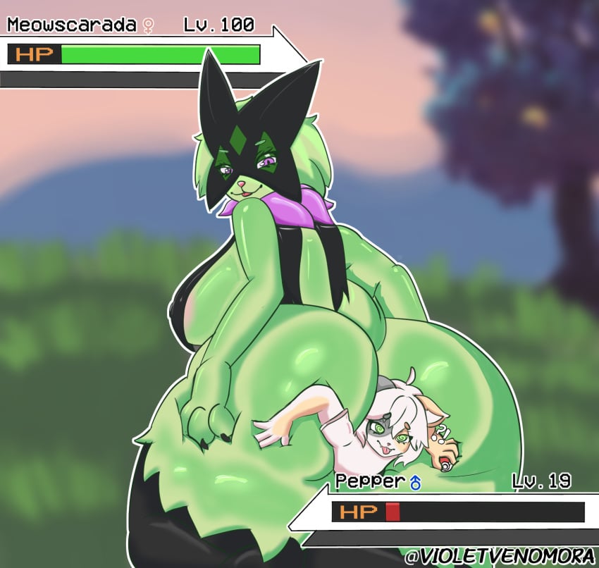 anal anal_vore anthro duo female gameplay_mechanics generation_9_pokemon hi_res male male/female meowscarada nintendo pokemon pokemon_(species) violet_venomora vore