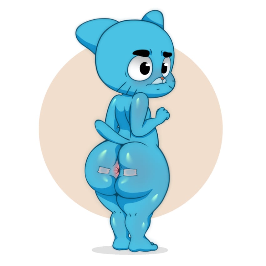 1:1 animal_humanoid anthro anus ass big_butt blue_body blue_fur blush cartoon_network domestic_cat felid feline felis fur gumball_watterson hi_res humanoid lube lube_in_ass lube_on_butt male male_only mammal mammal_humanoid solo tacoghastly the_amazing_world_of_gumball