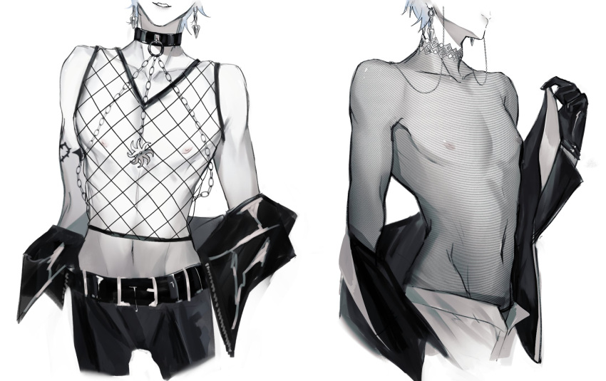 1boy belt collar earrings fully_clothed gloves human ike_eveland male male_nipples male_only mesh_shirt nijisanji nijisanji_en no_visible_genitalia see-through_clothing see-through_top smooth_skinned_male stomach unseen_male_face upper_body virtual_youtuber vtuber vtuberfanart