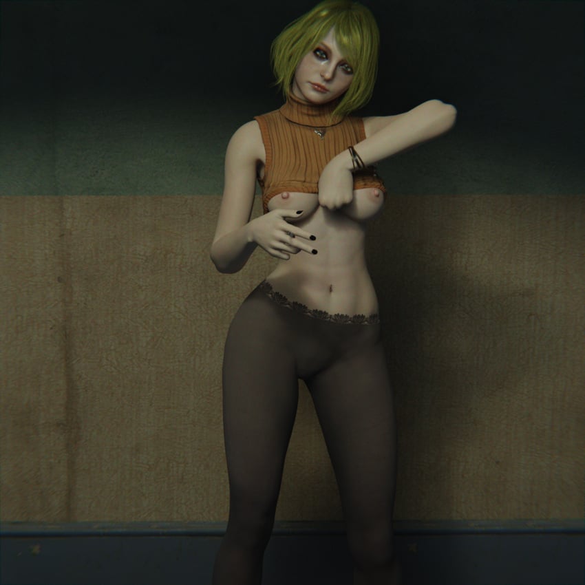 1girls 3d areolae ashley_graham ashley_graham_(ella_freya) blender_(software) blonde_hair capcom cigarette exposed_breasts female large_breasts long_legs nipples nqmiko01 pantyhose resident_evil resident_evil_4 resident_evil_4_remake sad shirt_lift shirt_up shirtless solo thighs