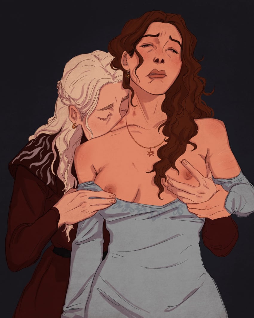 2girls alicent_hightower bite_mark biting_lip breasts breasts_out dress_pull exposed_breasts female female_only fondling fondling_breast groping groping_breasts hickey_marks house_of_the_dragon kissing_neck lesbian_sex multiple_girls rhaenyra_targaryen yuri