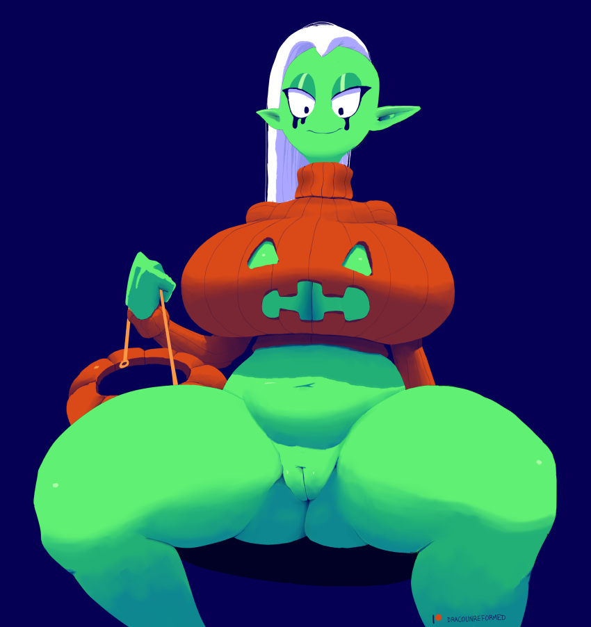 absurd_res alien alien_humanoid artist_name ass big_breasts bottomless breasts butt_from_the_front cleavage_cutout clothed clothing curvy_figure disney dracreloaded female genitals green_body hair halloween hi_res holidays huge_breasts humanoid humanoid_pointy_ears long_hair looking_at_viewer lord_dominator navel patreon peach_pussy pussy sitting slightly_chubby solo spread_legs spreading sweater thick_thighs topwear voluptuous wander_over_yonder white_hair wide_hips