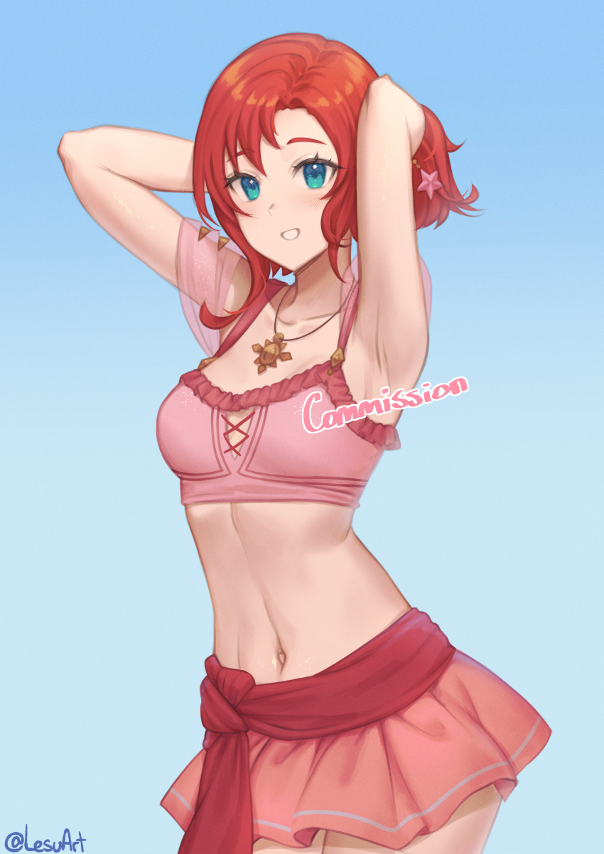 1girls absurdres alternate_costume aqua_eyes armpits arms_up bare_midriff bare_shoulders bare_thighs bikini blue_background breasts commission cowboy_shot female female_only fire_emblem fire_emblem:_mystery_of_the_emblem fire_emblem_heroes green_eyes highres lesu looking_at_viewer midriff miniskirt navel nintendo norne_(fire_emblem) norne_(summer)_(fire_emblem) official_alternate_costume pink_bikini pink_skirt pink_swimsuit red_hair red_sash sash simple_background skirt small_breasts solo standing stomach swimsuit thighs