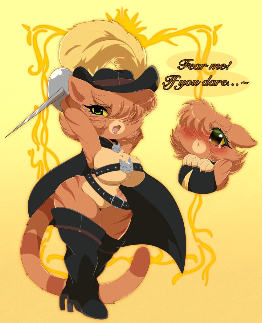 blush breasts dreamworks feline furry genderswap_(mtf) green_eyes hat orange_cat papilrux paramount_pictures puss puss_in_boots_(dreamworks) puss_in_boots_(film) rapier rule_63 shrek_(series) sword tail weapon