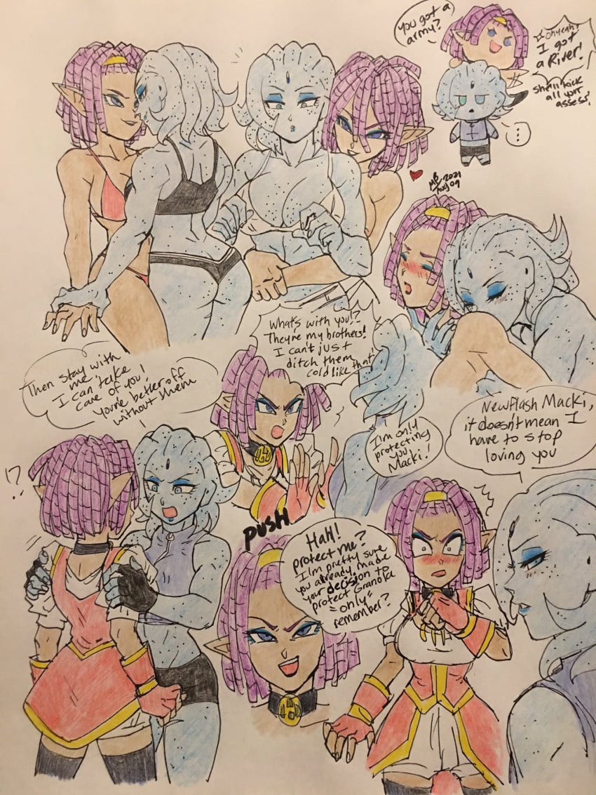 2girls alien_girl ass black_underwear blue_eyes blue_eyeshadow blue_skin blush choker cleavage colored_pencil_(artwork) couple dark-skinned_female dragon_ball dragon_ball_super dreadlocks english_text female implied_sex kissing_back large_breasts macki naughtysena oc oc_x_canon original_character pointy_ears purple_hair river_(naughtysena) sfx speech_bubble tendrils yuri