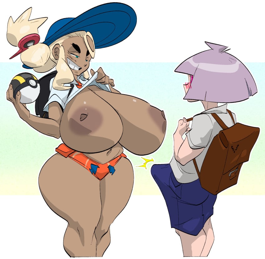 1boy 1girls 2d 2d_(artwork) 2d_artwork areolae ass blonde_hair blue_shorts breasts erect_penis erection female hair hat huge_breasts juliana_(pokemon) male nipples pokemon pokemon_sv pontail purple_hair short_hair shorts slb tagme thick_ass thick_thighs