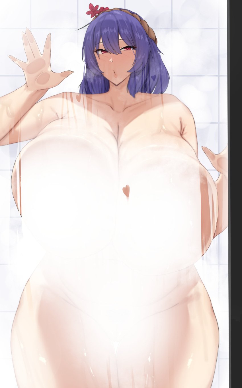 1girls against_glass cleavage completely_nude convenient_censoring gigantic_breasts heart-shaped_pupils kanako_yasaka leaf looking_at_viewer omikami purple_hair red_eyes short_hair shower solo standing steam touhou wet