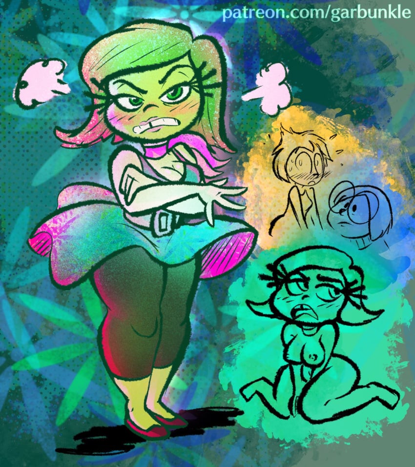 annoyed annoyed_expression annoyed_face breasts disgust_(inside_out) embarrassed garbunkles green_body green_hair green_skin joy_(inside_out) sadness_(inside_out) thick_thighs