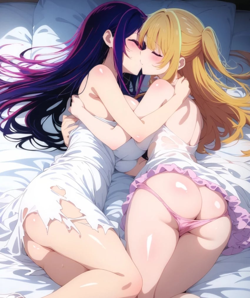 ai_generated arms_around_partner blonde_hair blush closed_eyes female hoshino_ai hoshino_ruby incest kissing large_breasts lying_on_bed milf mother_and_daughter oshi_no_ko purple_hair ripped_clothing yuri