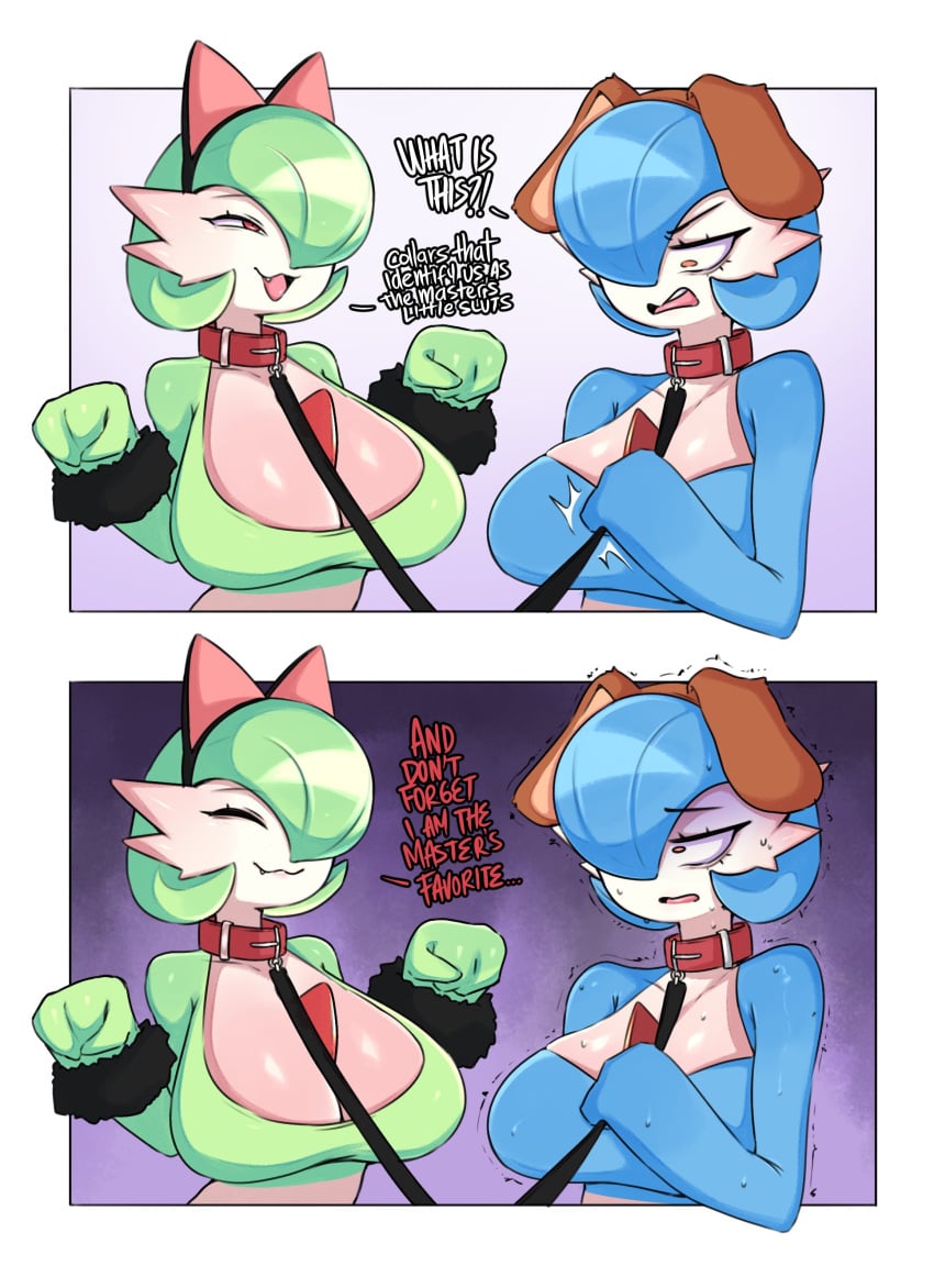 2girls big_breasts cat_ears collar dialogue dog_ears english_text fake_animal_ears female female_only funny gardevoir generation_3_pokemon hi_res leash nintendo pokemon pokemon_(species) saltyxodium shiny_gardevoir shiny_pokemon wrist_cuffs