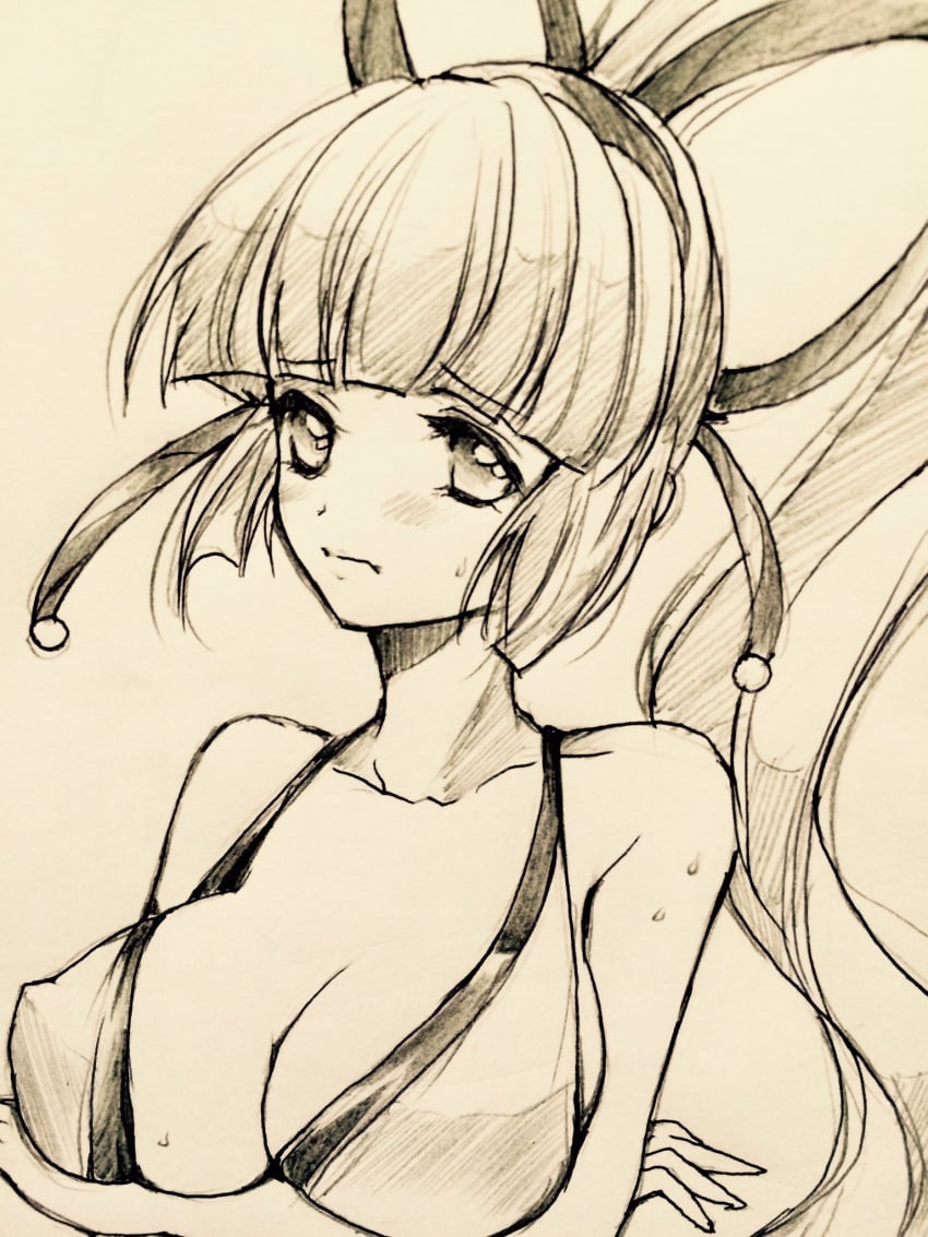 1girls big_breasts bikini breasts busty cleavage crossed_arms female female_only hair_ribbon highres large_breasts long_hair looking_at_viewer majikina_mina monochrome ponytail ribbon samurai_shodown sketch snk solo sweat swimsuit traditional_media very_long_hair