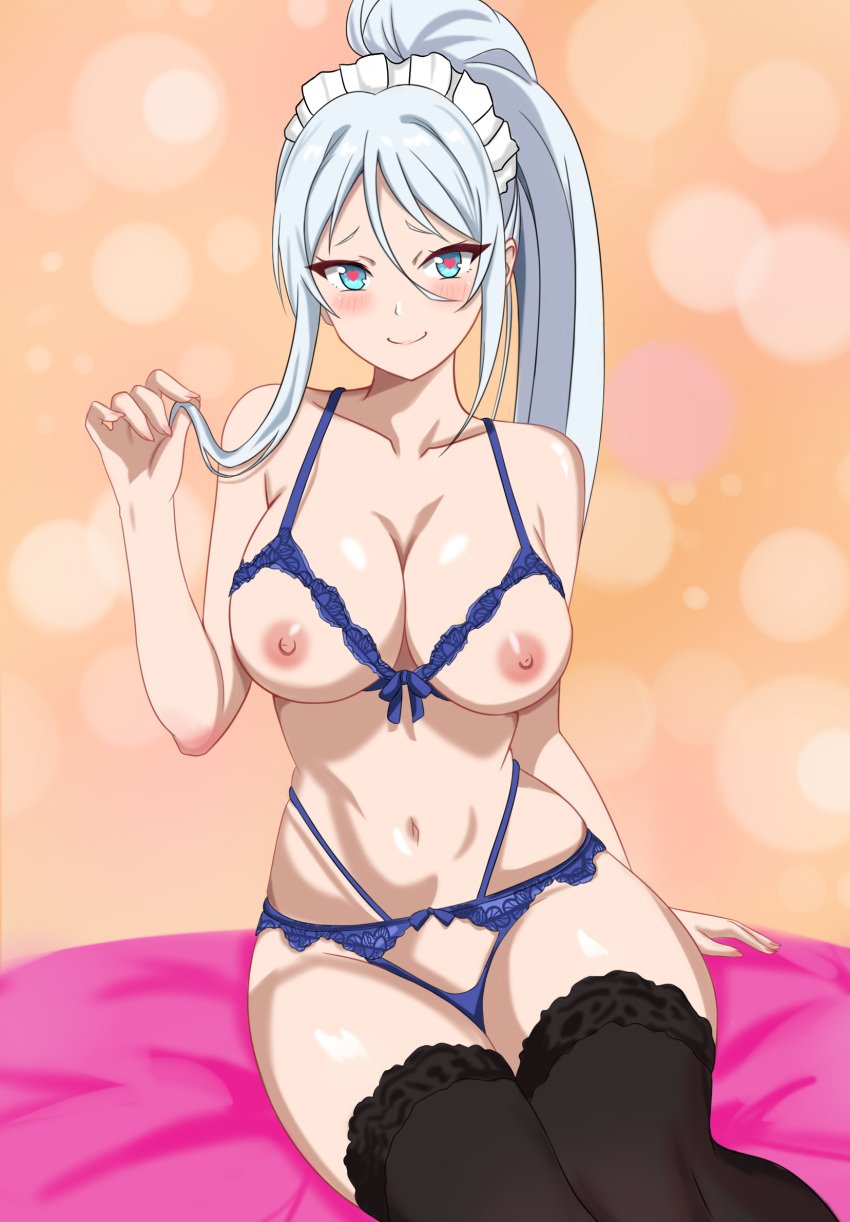 black_thighhighs blue_bra blue_eyes blue_hair blush bra breasts closed_mouth code_zero dated_commentary feet_out_of_frame female hair_between_eyes heart heart-shaped_pupils highres large_breasts lingerie long_hair looking_at_viewer navel nipples on_bed playing_with_own_hair ponytail revealing_clothes simple_background sitting smile solo sylpha_(dai_nana_oji) symbol-shaped_pupils tensei_shitara_dai_nana_oji_datta_no_de:_kimama_ni_majutsu_o_kiwamemasu thighhighs underwear very_long_hair