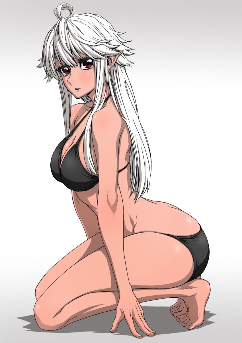 ahoge barefoot bikini black_bikini blush dark-skinned_female dark_elf dark_elf_female elf female highres kneeling long_hair looking_at_viewer ogino_ken open_mouth pointy_ears reanette_elfelt red_eyes shinmai_ossan_bokensha shinmai_ossan_boukensha,_saikyou_party_ni_shinu_hodo_kitaerarete_muteki_ni_naru. simple_background solo swimsuit very_long_hair white_background white_hair