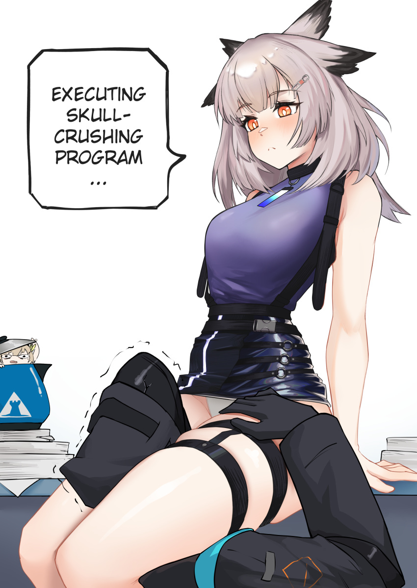 1boy 1girls 2024 alternate_costume arknights bird_girl blush doctor_(arknights) english_text grey_hair hi_res legs light-skinned_female light_skin muelsyse_(arknights) panties pointy_chin ptilopsis_(arknights) radioneet simple_background sitting text thigh_grab thigh_strap thighs thighs_together