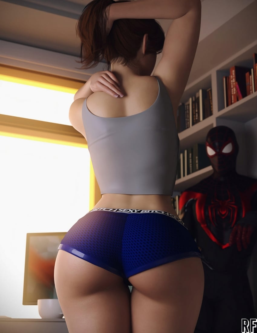 1boy 1girls 3d absurd_res ass ass_focus before_sex bimbo booty_shorts brown_hair cheating fat_ass female hi_res huge_ass human human_only imminent_sex interracial large_ass light-skinned_female light_skin lovers male marvel mary_jane_watson mary_jane_watson_(insomniac) massive_ass miles_morales netorare ntr pawg rude_frog short_shorts shorts spider-man_(ps4) spider-man_(series) straight thighs unseen_male_face wide_hips