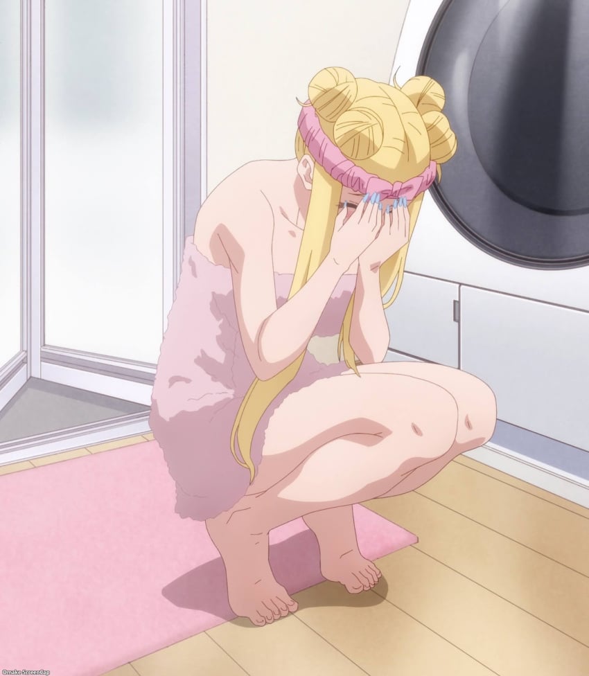 after_bath bare_legs barefoot bent_over blonde_hair blush covering_face dosanko_gal_wa_namara_menkoi double_bun embarrassed feet female female fuyuki_minami gyaru hair_bun knees large_breasts legs long_hair minami_fuyuki partially_submerged puckered_lips screencap sidelocks solo teen teen_girl teenage teenage_girl teenager tied_hair toes towel towel_only