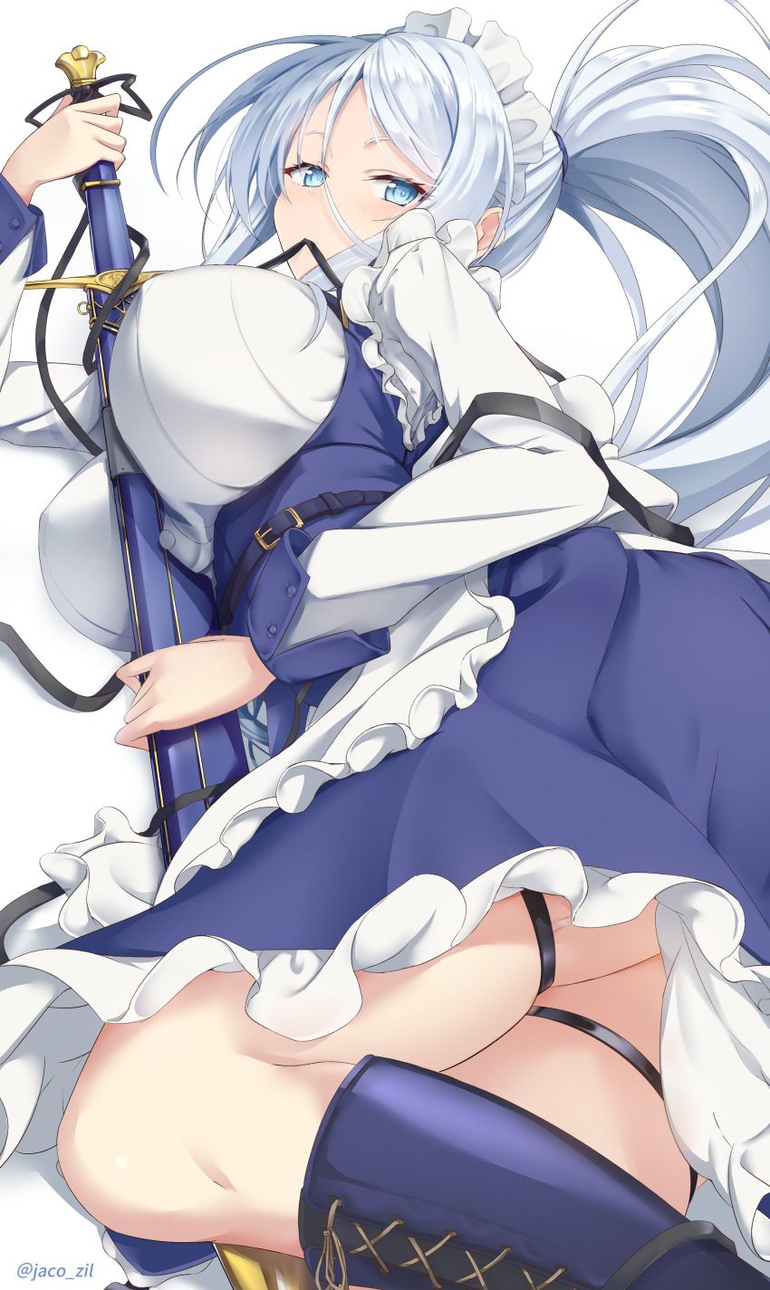 absurdres apron blue_dress blue_eyes blue_footwear bouncing_breasts breasts cross-laced_footwear dress eiyuuouzil female hair_tie highres holding holding_sword holding_weapon huge_breasts long_hair looking_at_viewer maid maid_apron maid_headdress ponytail sheath sheathed signature simple_background solo sword sword_between_breasts sylpha_(dai_nana_oji) tensei_shitara_dai_nana_oji_datta_no_de:_kimama_ni_majutsu_o_kiwamemasu thigh_strap weapon white_apron white_background white_hair white_headdress