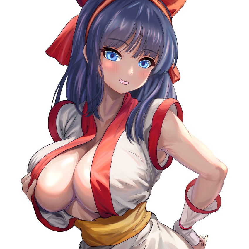 1girls ainu_clothes big_breasts blue_eyes blue_hair breasts busty cleavage confident fingerless_gloves gloves hair_ribbon hand_on_hip highres king_of_fighters large_breasts legs long_hair looking_at_viewer nakoruru no_bra open_mouth pants pose posing ribbon samurai_shodown sensual snk solo thighs