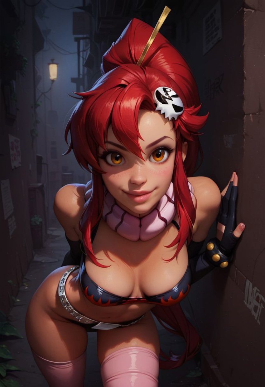 1girls ai_generated bra eye_contact fit fit_female gloves looking_at_viewer pov ragen ragen_nsfw red_hair scarf smiling solo teasing tengen_toppa_gurren_lagann thigh_gap thighhighs yoko_littner