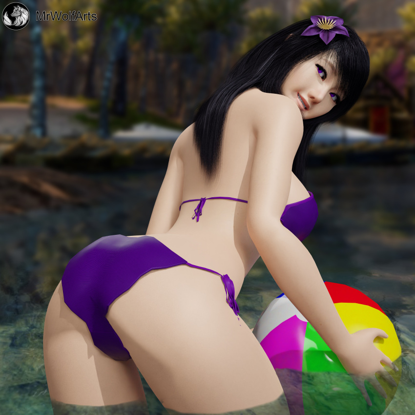 beach_ball bikini blender_(software) fanart female female_only guild_wars guild_wars_2 human mrwolfarts purple_bikini purple_eyes smiling