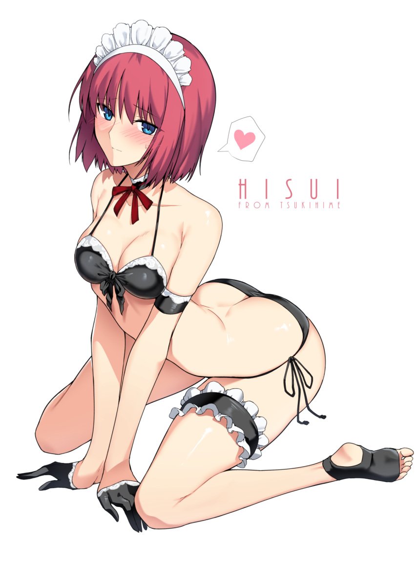 arched_back ass bikini blue_eyes blush breasts choker embarrassed feet front-tie_bikini_top front-tie_top garter_belt gloves halcon heart highres hisui_(tsukihime) maid maid_headdress medium_breasts medium_hair red_hair revealing_clothes ribbon_choker side-tie_bikini_bottom spoken_heart swimsuit toeless_footwear tsukihime