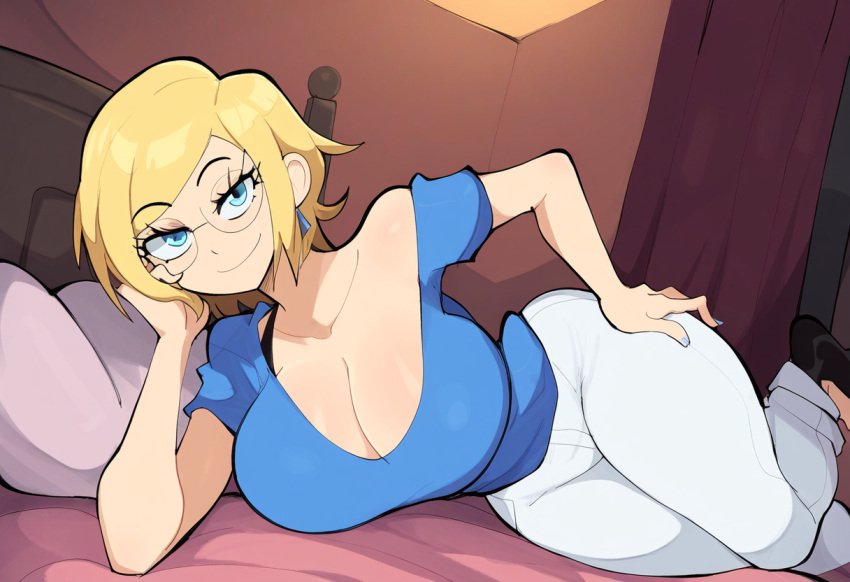 ai_generated bed blonde_hair blue_shirt female glasses large_breasts looking_at_viewer mullon novelai original smile thick_thighs white_pants