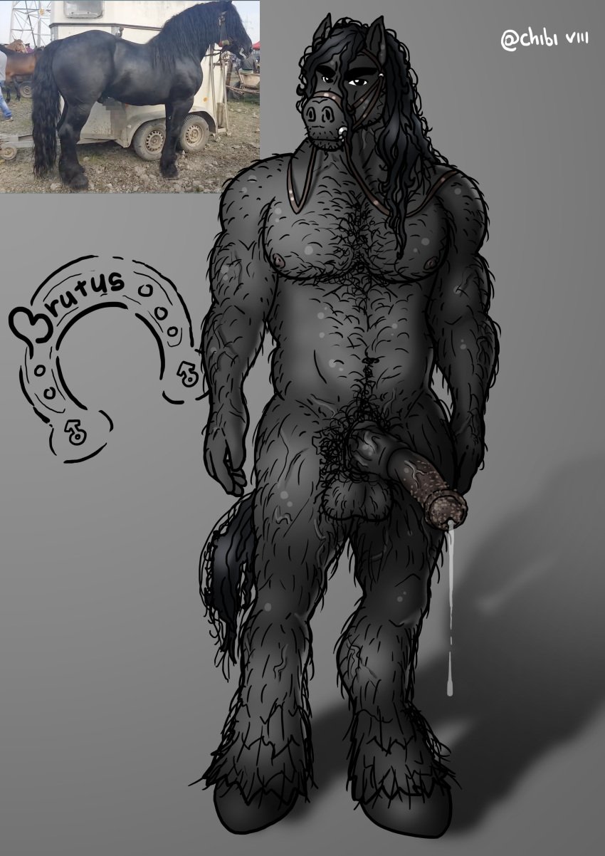 absurd_res animal_genitalia animal_penis big_penis black_body black_fur bodily_fluids body_hair chest_hair chibi_viii dirty equid equine equine_genitalia equine_penis fur genital_fluids genitals hairy hi_res horse leaking_precum male mammal muscular penis precum precum_string pubes reference_image smegma solo