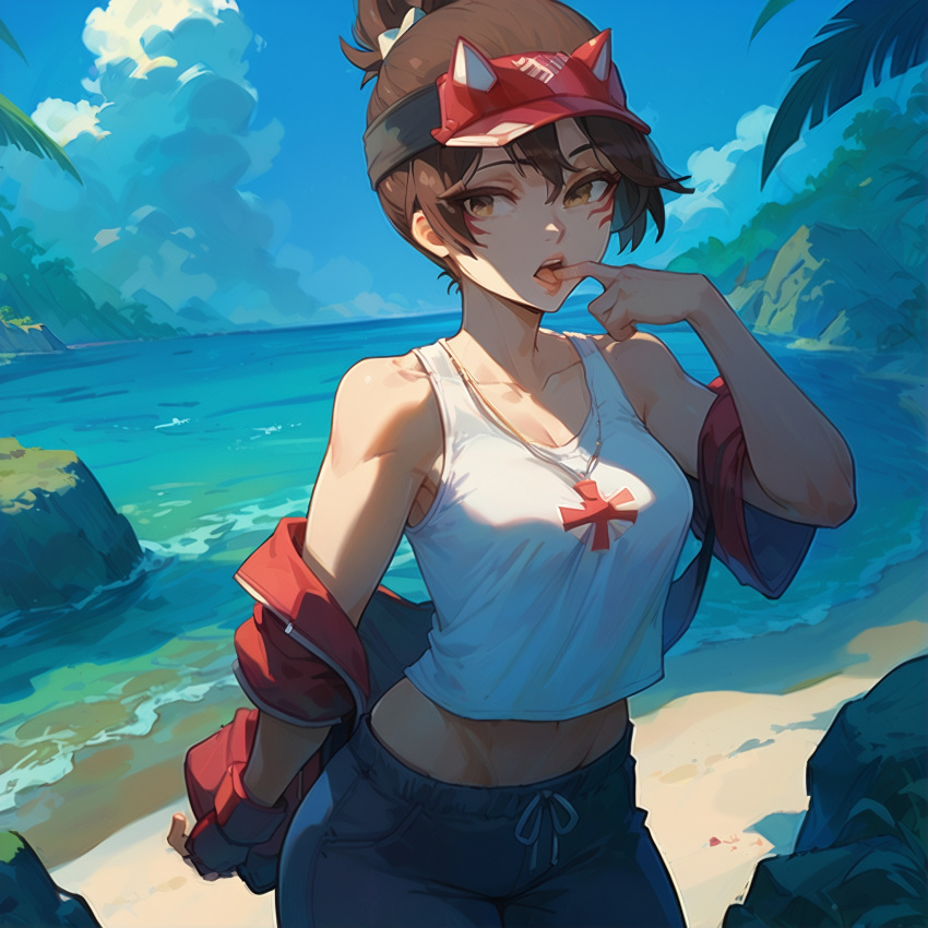 ai_generated bare_shoulders beach blue_sky breasts brown_eyes brown_hair cleavage cloud collarbone cowboy_shot crop_top cross day facial_mark female finger_in_own_mouth finger_to_mouth fingerless_gloves gloves horizon jacket kiriko_(overwatch) lifeguard_kiriko looking_at_viewer medium_breasts midriff navel ocean off_shoulder open_clothes open_jacket open_mouth outdoors overwatch overwatch_2 pants red_gloves red_jacket rock short_hair short_ponytail sky solo teeth tongue topknot tree visor_cap waifuoverload water white_shirt