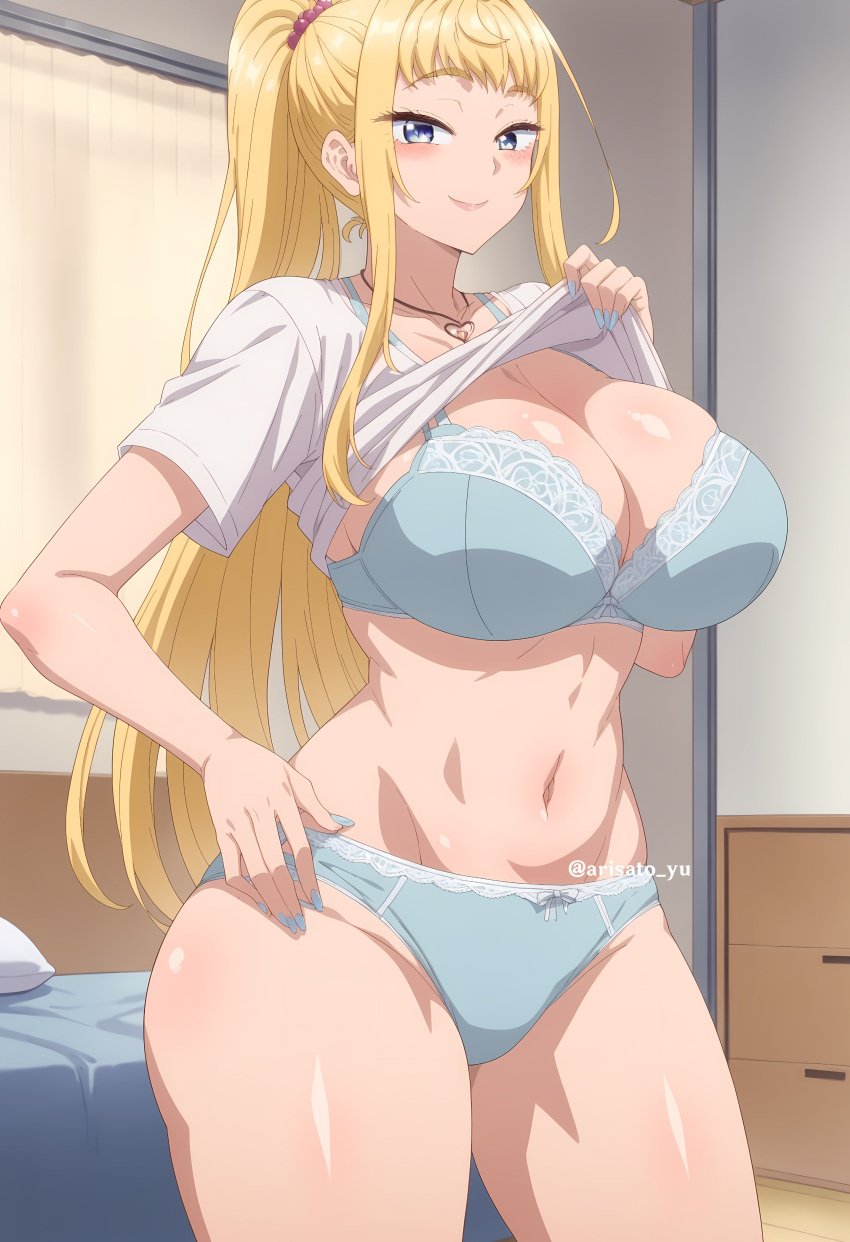 ai_generated arisato_yu bangs bed bedroom blonde_hair blue_bra blue_eyes blue_nails blue_panties blue_underwear blush bra breasts cleavage closed_mouth clothes_lift clothes_pull clothing dosanko_gal_wa_namara_menkoi female female_only gyaru hair_ornament hand_on_hip huge_breasts indoors jewelry large_breasts lifted_by_self long_hair looking_at_viewer minami_fuyuki nail_polish navel necklace pantsu ponytail scrunchie shirt shirt_lift short_sleeves sidelocks smile solo standing stomach teen teen_girl teenage teenage_girl teenager thighs tied_hair underwear white_shirt