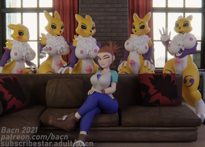 2021 3d_(artwork) anthro areola bacn bandai_namco big_breasts black_sclera blush breasts canid canine clothed clothing detailed_background digimon digimon_(species) digital_media_(artwork) erection female fox fur furniture futanari genitals group gynomorph gynomorph/female hair human humanoid_genitalia humanoid_penis inside intersex intersex/female interspecies looking_at_viewer mammal meme nipples nude open_mouth partially_clothed penis piper_perri_surrounded renamon renamon_(bacn) rika_nonaka sitting smile smiling_at_viewer sofa surprise white_body white_fur yellow_body