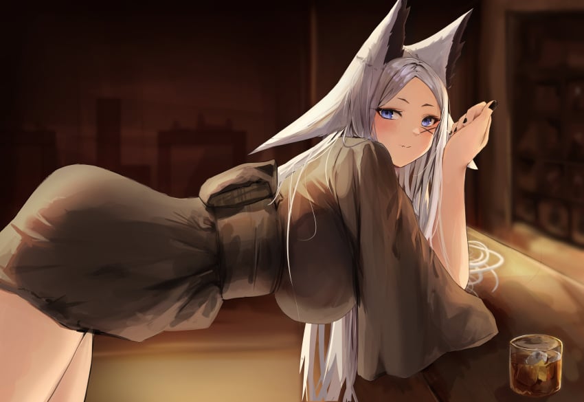 animal_ear_fluff animal_ears ass bangs bar blue_eyes blush breasts closed_mouth cup dya_rikku_(vtuber) female fox_ears fox_girl indoors japanese_clothes large_breasts long_hair long_sleeves looking_at_viewer looking_back see-through silver_hair smile solo vyugen wide_sleeves