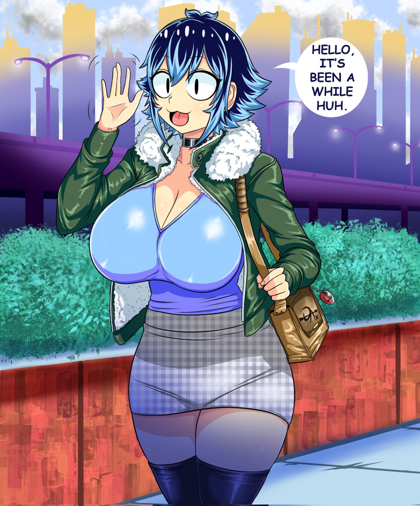 1girls :3 :3d black_eyes choker city cleavage clothed clothing deadapache english_text huge_breasts jacket light-skinned_female light_skin looking_at_viewer purse shelby_springfield short_hair short_skirt skirt speech_bubble streetwear talking_to_viewer thighhighs tongue waving white_sclera