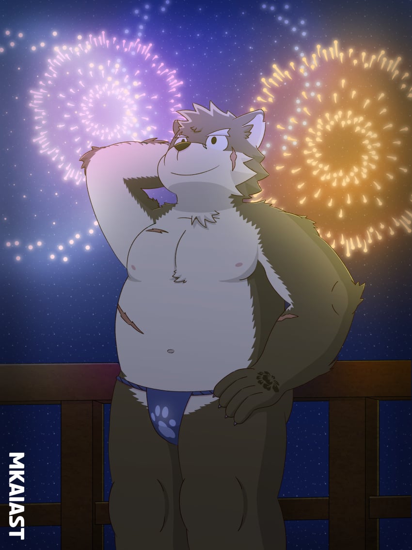 background detailed_background fireworks fundoshi furry furry_only housamo japanese_clothes male male_only mkaiast moritaka navel nipples scar scars tokyo_afterschool_summoners