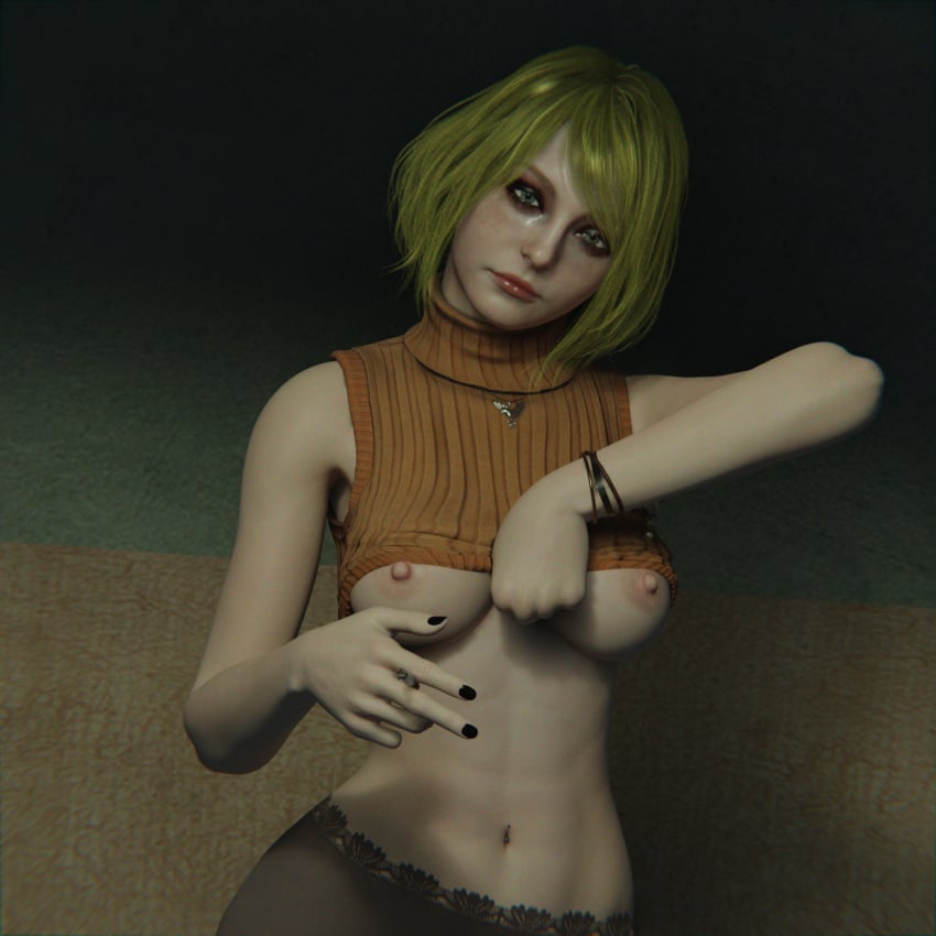 1girls 3d ashley_graham ashley_graham_(ella_freya) blender_(software) blonde_hair capcom cigarette exposed exposed_breasts female human light-skinned_female light_skin medium_hair nipples nqmiko01 pantyhose resident_evil resident_evil_4 resident_evil_4_remake sad shirt_lift shirt_up shirtless solo straight_hair underboob