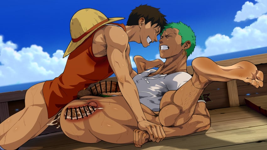 2boys alterinku anal anal_sex bara barazoku cum cum_inside gay male male_only monkey_d_luffy one_piece pre-timeskip roronoa_zoro sex yaoi