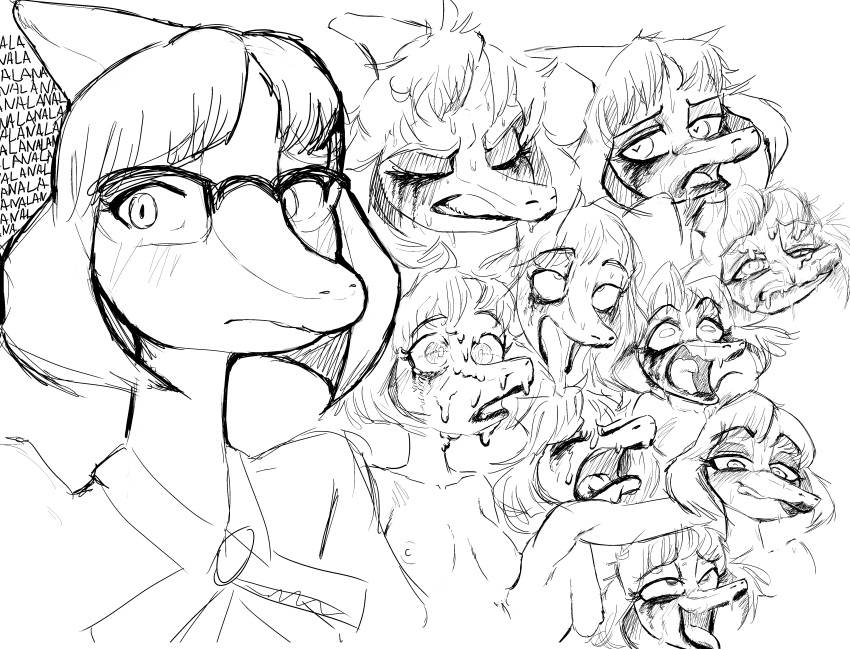 &lt;3_eyes absurd_res ahe_gao anthro blank_stare bodily_fluids breasts clothed clothing cum cum_on_face dialogue dinosaur empty_eyes eyewear female fucked_silly general_proton genital_fluids glasses goodbye_volcano_high hadrosaurid hair heart hi_res licking licking_lips lipstick looking_aside looking_at_viewer looking_away looking_pleasured makeup male male/female meme messy_hair mind_break mirrored monochrome mouth_closed multiple_images naomi_(gvh) nude open_mouth ornithischian parasaurolophus reptile ruined_makeup running_makeup scalie simple_background snoot_game solo tears tongue tongue_out