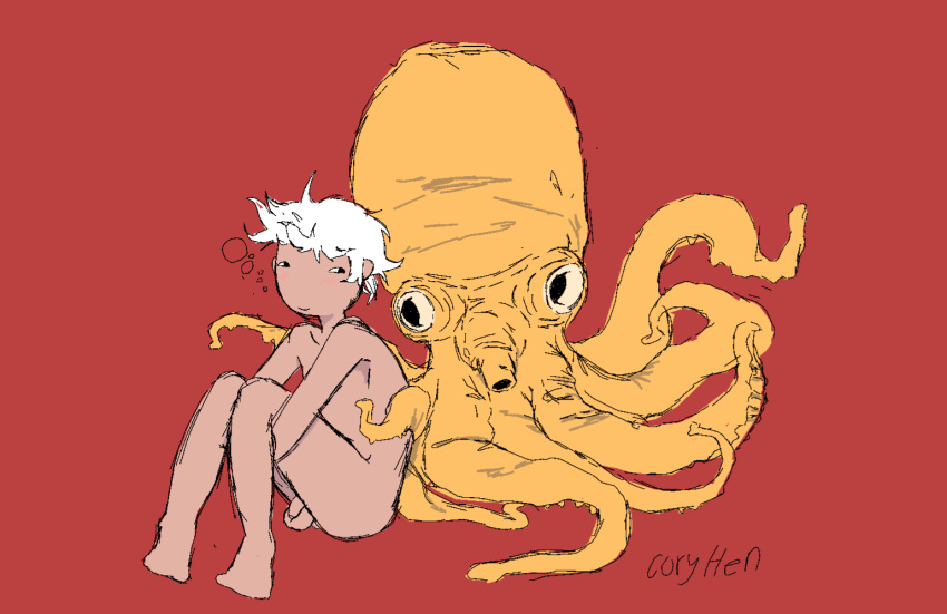 1boy artist_name asian_male cephalopod coryhen_(artist) male_only nude octopus penis self_upload sitting small_penis tan_skin tentacle tentacles unknown_age white_hair