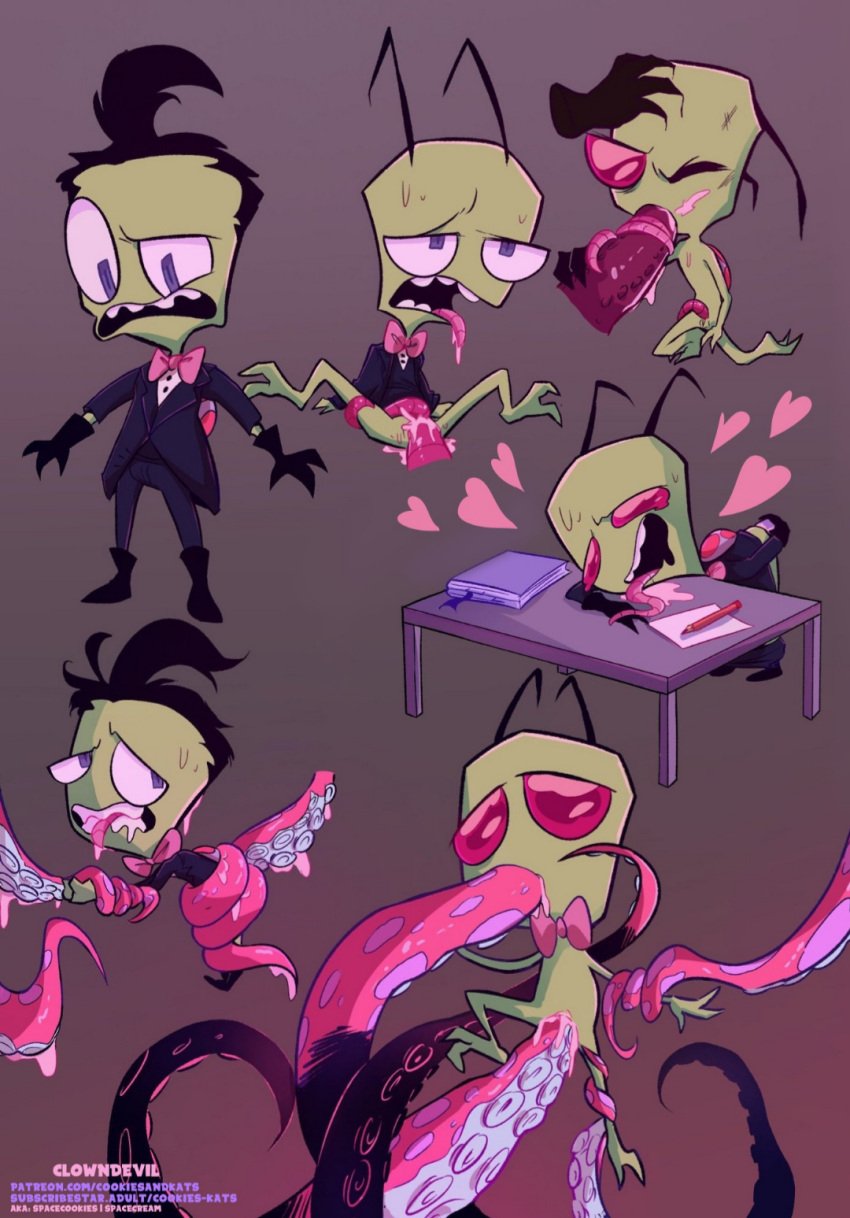 antennae_(anatomy) blowjob bowtie clowndevil color dildo dildo_in_ass invader_zim sex_toy simple_background tentacle tentacle_penis tentacle_sex tongue_out wig zim zim_(invader_zim)